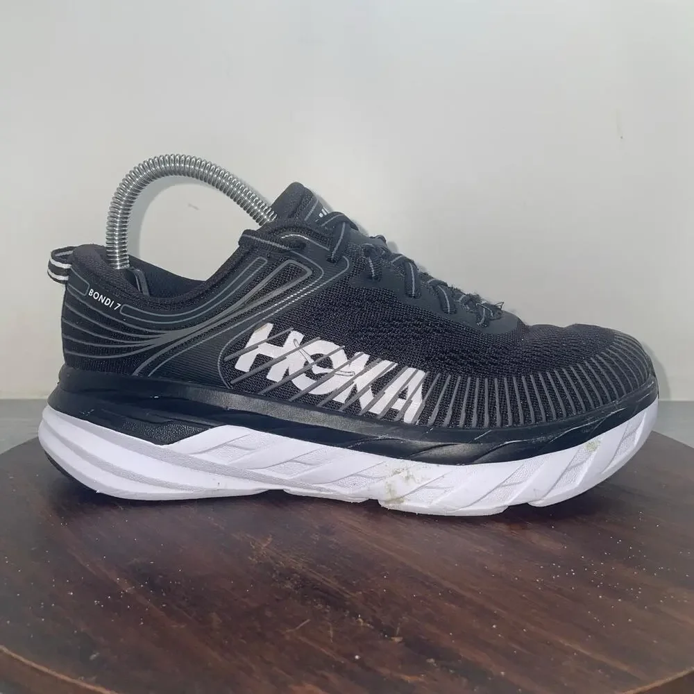 HOKA One One Bondi 7 Shoes Womens Size 7.5 Black White Road Running 1110519 BWHT
